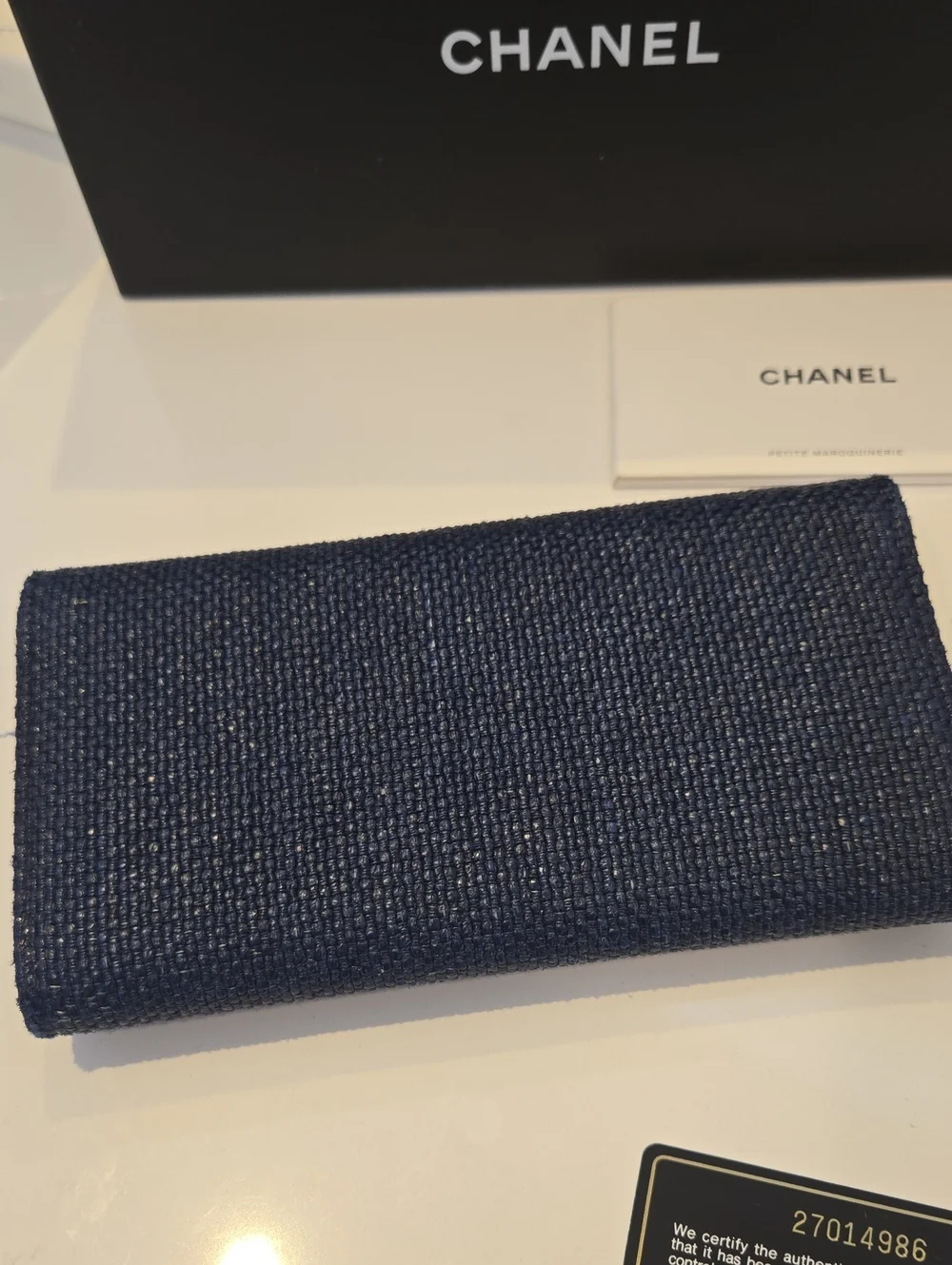 CHANEL deauville Navy Wallet, Textured Fabric, Front Logo, Full Inclusion, VGUC